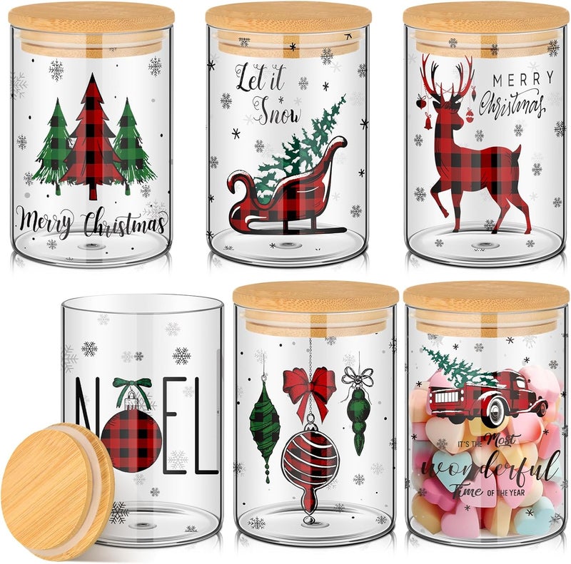 Shellwei 6 Pcs Christmas Glass Storage Jar with Airtight Bamboo Lid Buffalo Plaid Canister Sets Christmas Tree Sled Cookie Jars Candy Storage 19oz for Kitchen Containers Countertop Decoration - Image 1